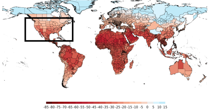 Figure 2: Spatially distributed region-level projected damages (%) to per capita GDP, 2099