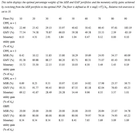 Table 1: Utility-maximizing performance-seeking portfolios for insured payoffs